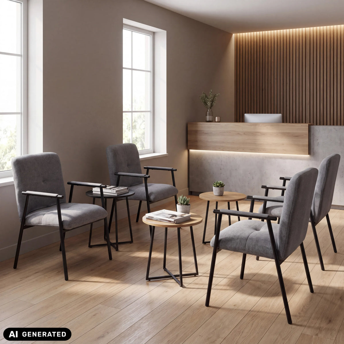 Graue Besucherstühle Lifea Flex mit Armlehnen und Beistelltischen in einem Wartebereich von hjh LIVING (KI-generiertes Bild)