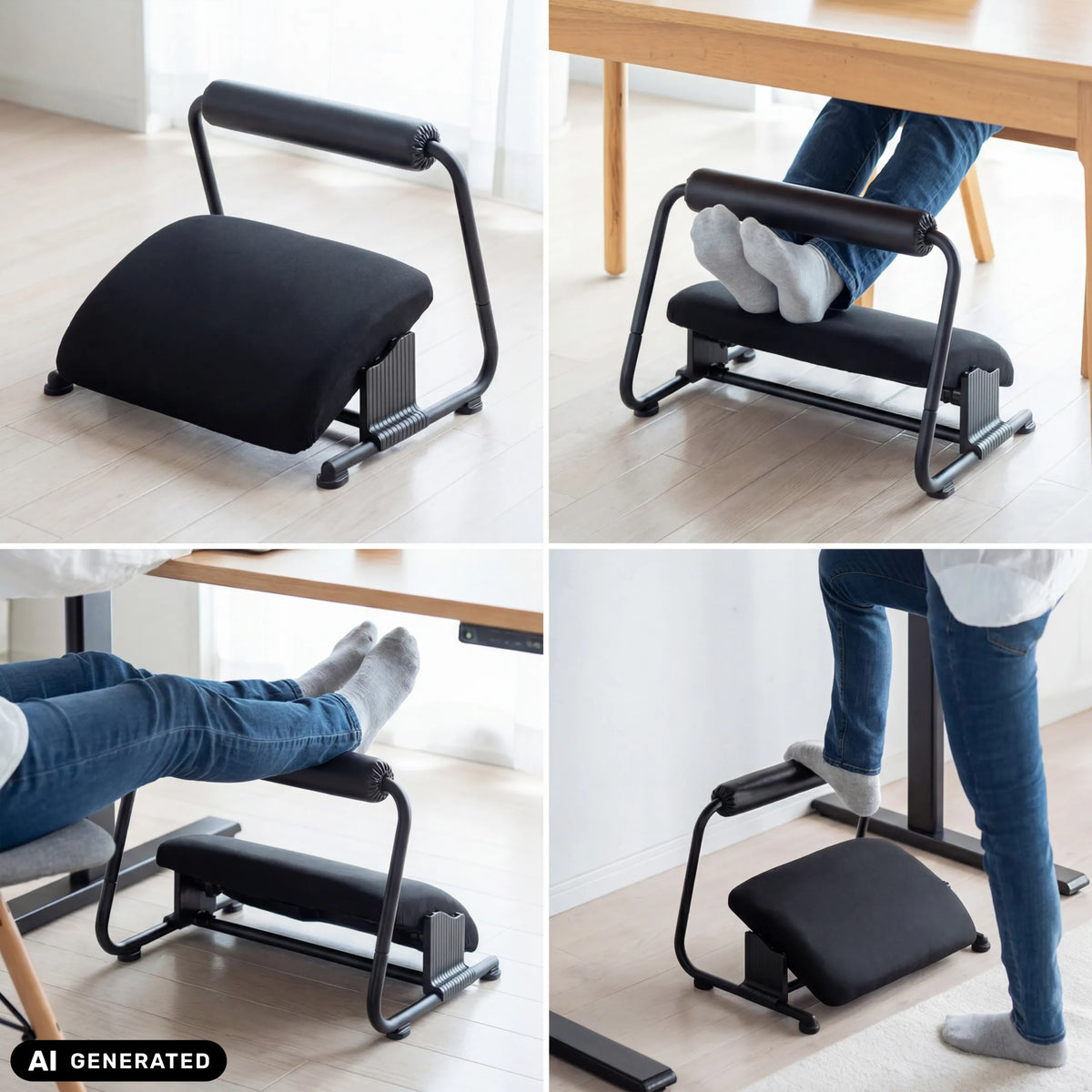 Verstellbare Fußablage Podi Velvet in Schwarz in verschiedenen Positionen von hjh OFFICE (KI-generiertes Bild)