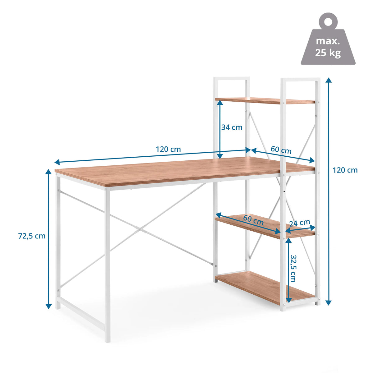 Måltegning af skrivebordet Easy Up3 med 120 × 60 cm og en samlet højde på 120 cm fra hjh LIVING