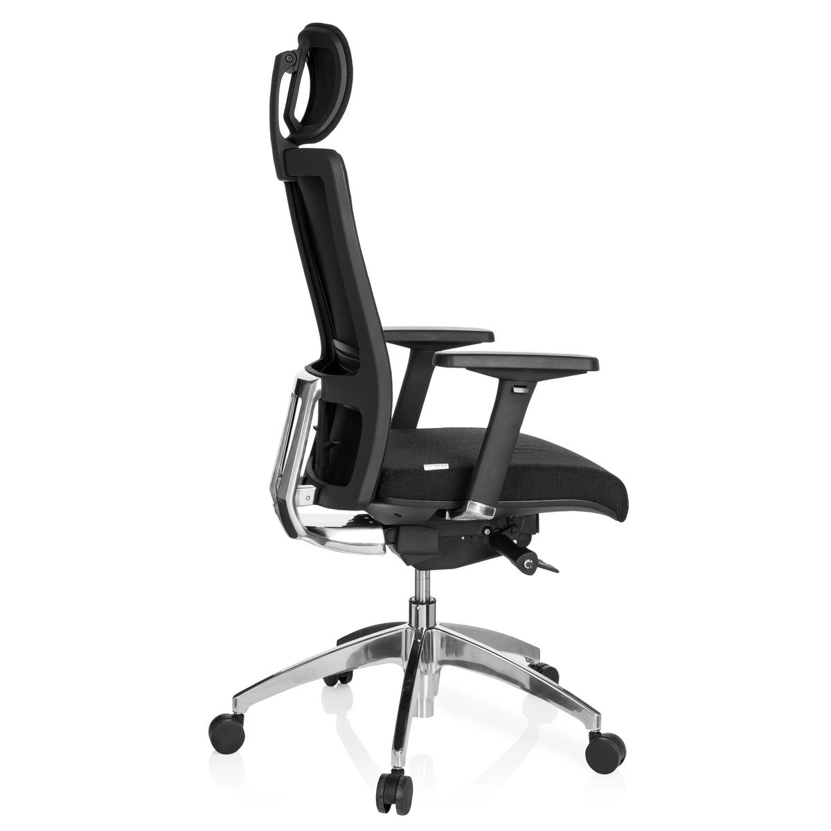 Sort Professionel kontorstol ASTRA LUX med nakkestøtte, armlæn og femstjernet fodkryds med hjul fra hjh OFFICE – 360-graders visning (sideprofil 100°)