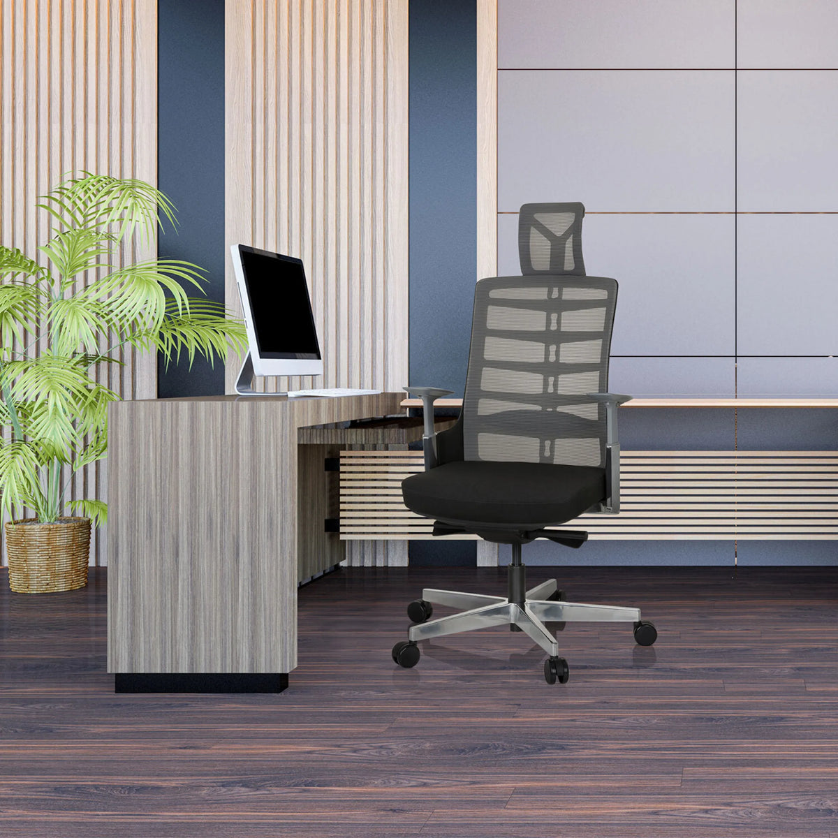High End kontorstol SKARIF i sort-grå foran et skrivebord på et moderne kontor fra hjh OFFICE