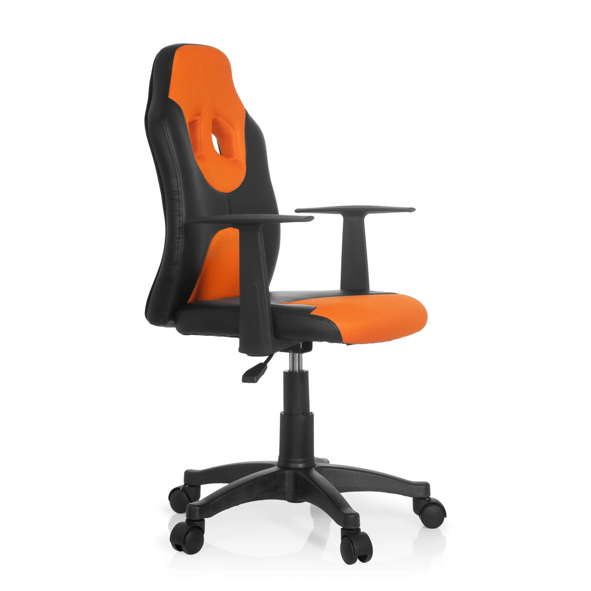 Sort-orange Snurrestol til børn KID GAME AL med netryg og femhjulet fodkryds fra hjh OFFICE – 360-graders visning (skråt forfra 60°)