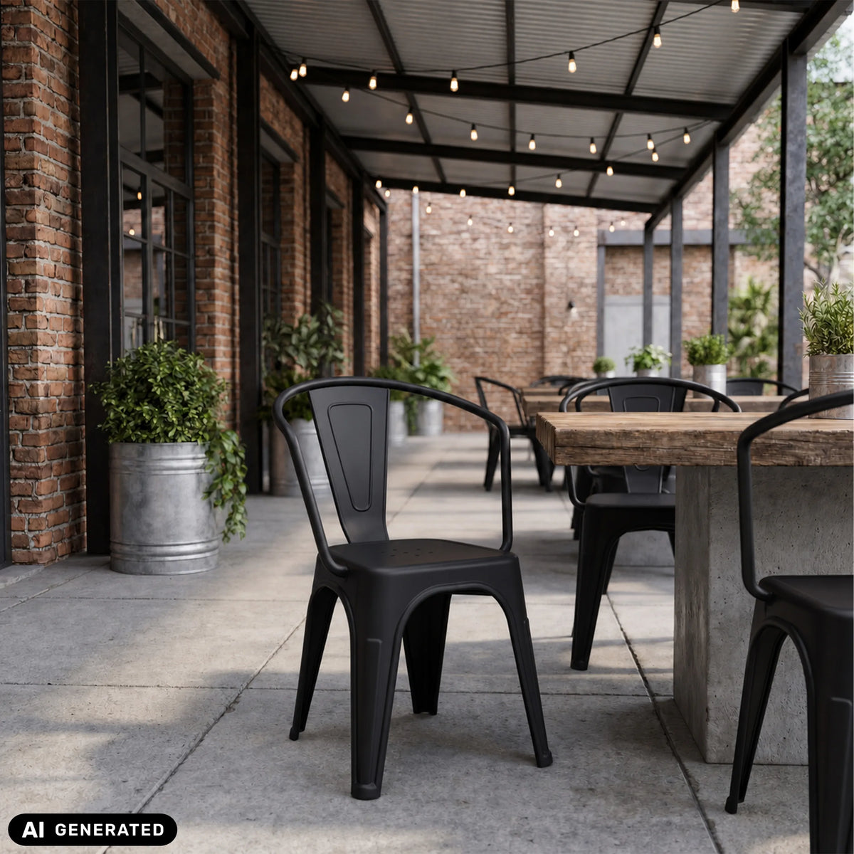 Sorte Vantaggio Poly bistrostole ved et træbord udendørs fra hjh OFFICE (AI-genereret billede)