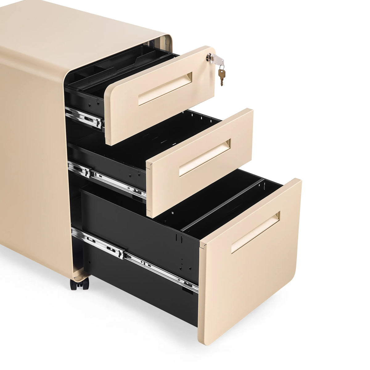 Åbne skuffer og lås på den beige metal rullecontainer COLOR PLUS I fra hjh OFFICE