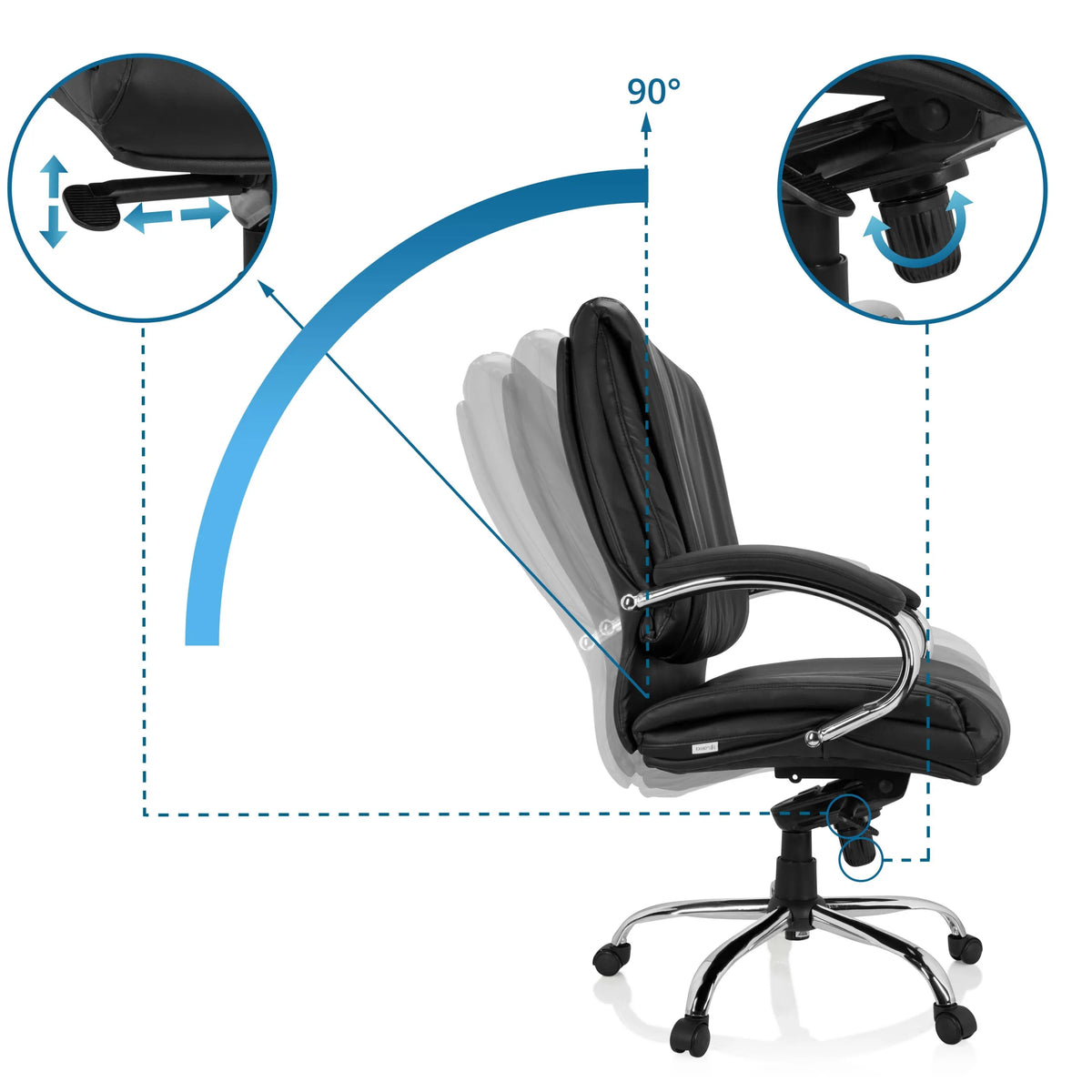 Verstellbare Rückenlehne mit 90°-Neigung und Höhenanpassung des Drehstuhls XXL H 100 von hjh OFFICE