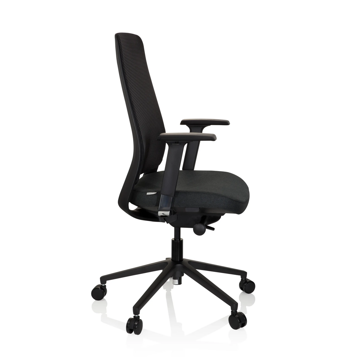 Sort Professionel kontorstol CHIARO T1 BLACK med netryg og femstjernet fodkryds med hjul fra hjh OFFICE – 360-graders visning (sideprofil 80°)