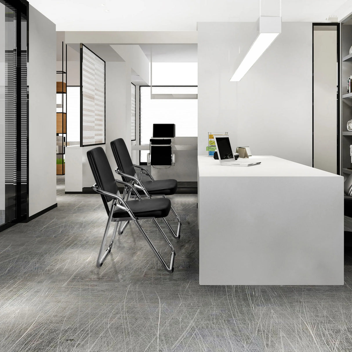 To sorte ESTO klapstole med stel af forkromet metal i et moderne kontormiljø fra hjh OFFICE