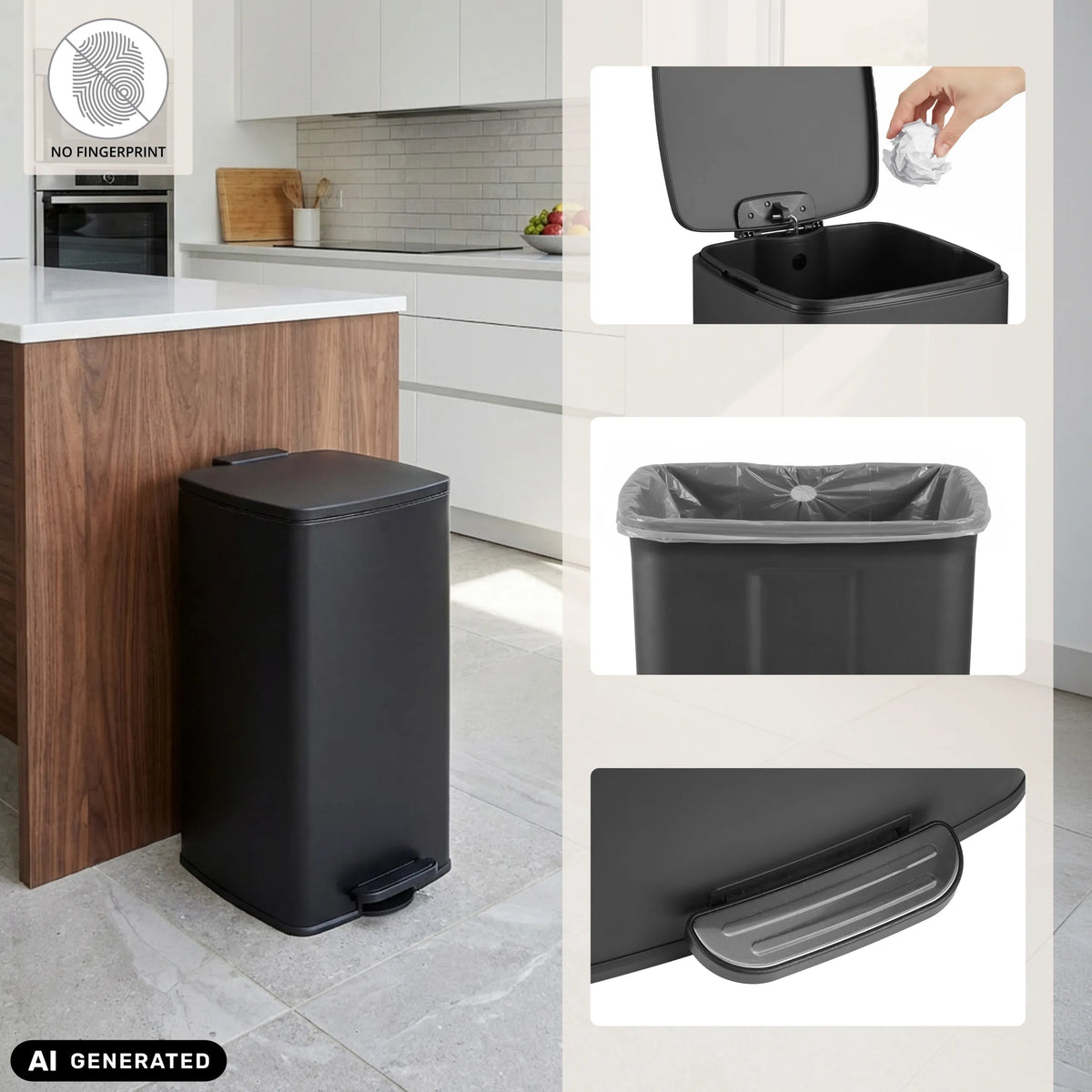 Sort Clean Step 4 papirkurv med fodpedal, inderbeholder og fingeraftryksbeskyttelse fra hjh OFFICE (AI-genereret billede)