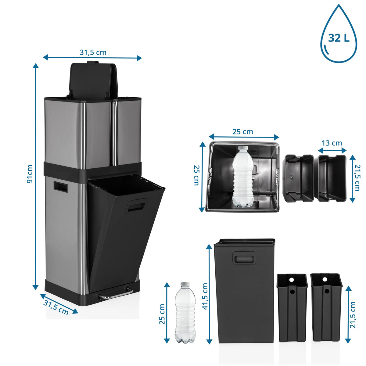 Maßzeichnung des Mülleimers CLEAN 3 mit 91 cm Höhe und 32 l Volumen von hjh OFFICE