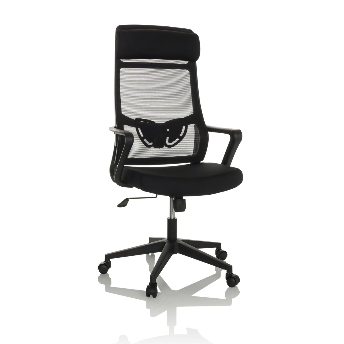 Sort Home Office kontorstol NEKEO med netryg og femhjulet fodkryds fra hjh OFFICE – 360-graders visning (forfra 15°)