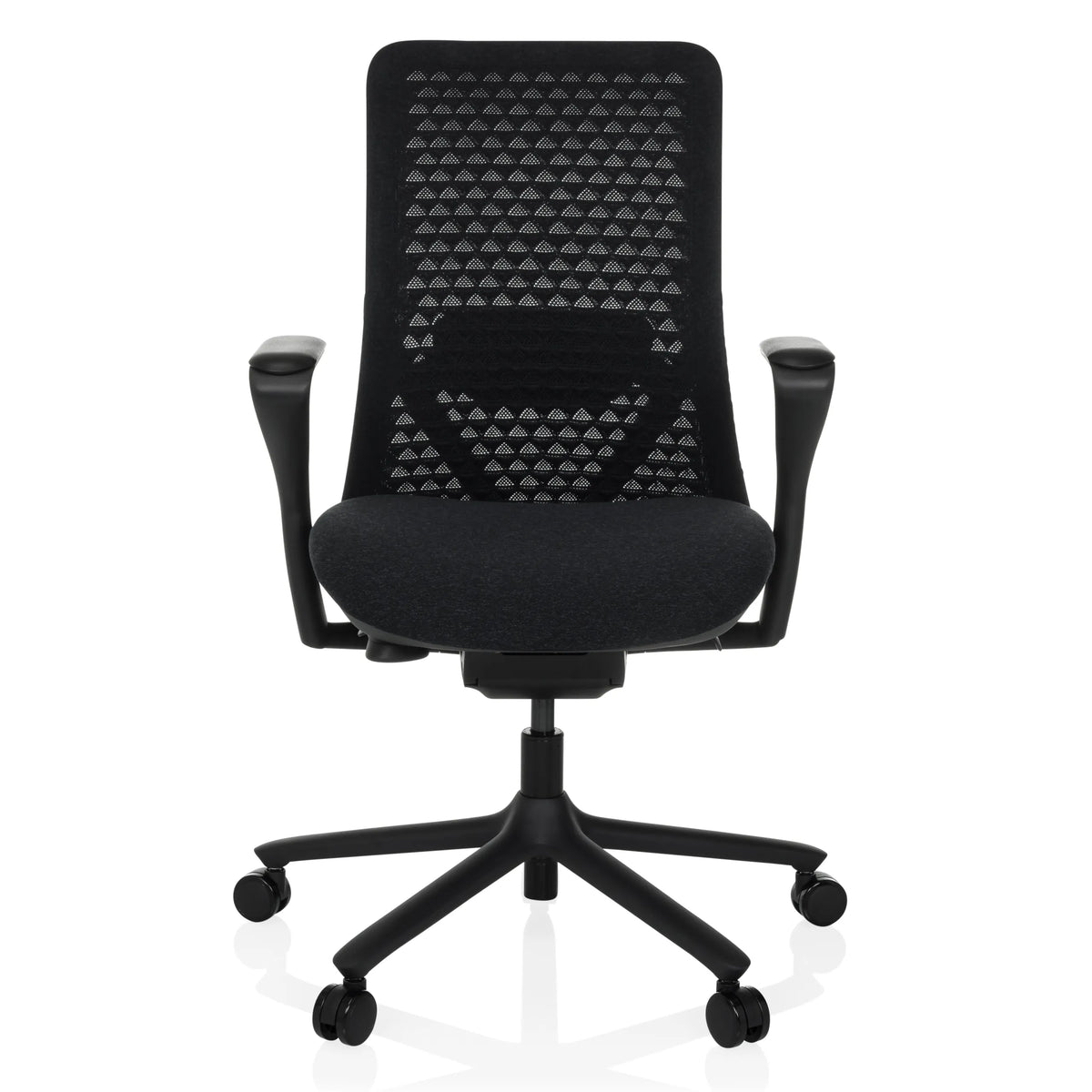 Sort High End kontorstol VERVIO med netryg og femhjulet fodkryds fra hjh OFFICE – 360-graders visning (forfra 0°)