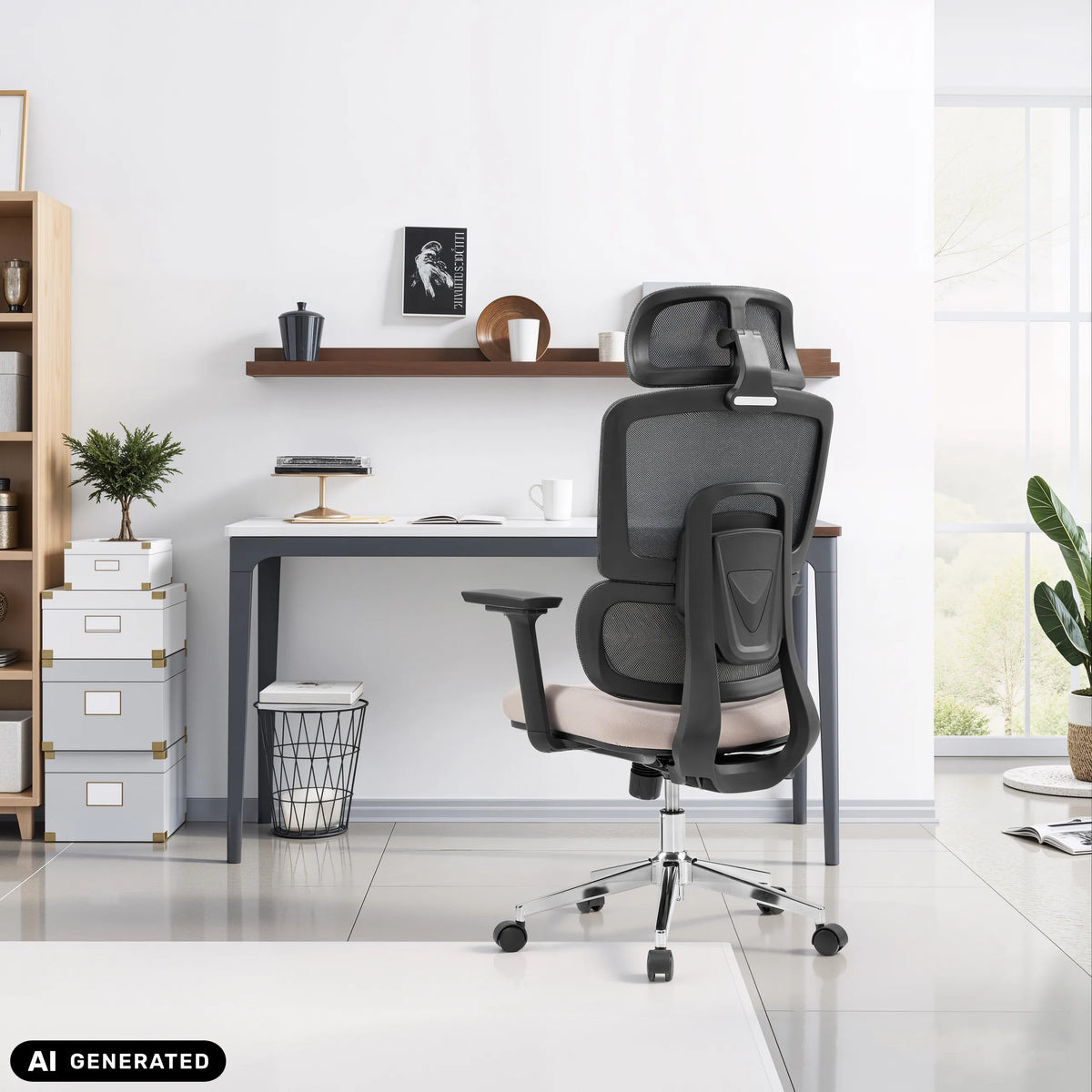 Professionel kontorstol Ergomy Pro i mørkegrå og beige med netryglæn fra hjh OFFICE (AI-genereret billede)