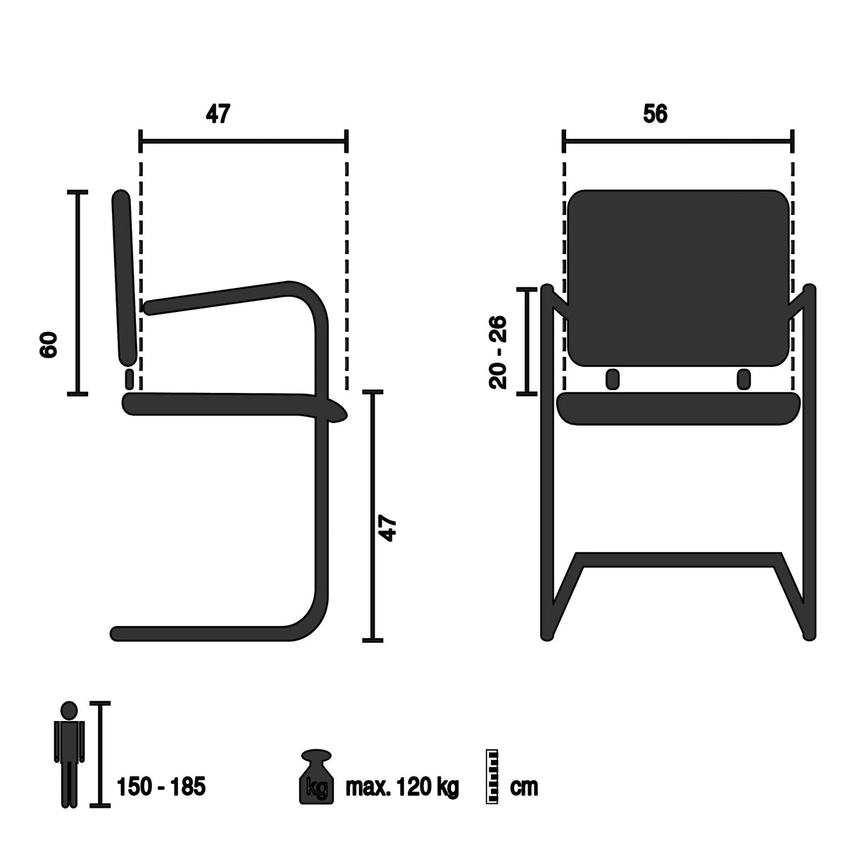 Teknisk tegning af Frisvinger CAPTIVO PRO V med en bredde på 56 cm fra hjh OFFICE