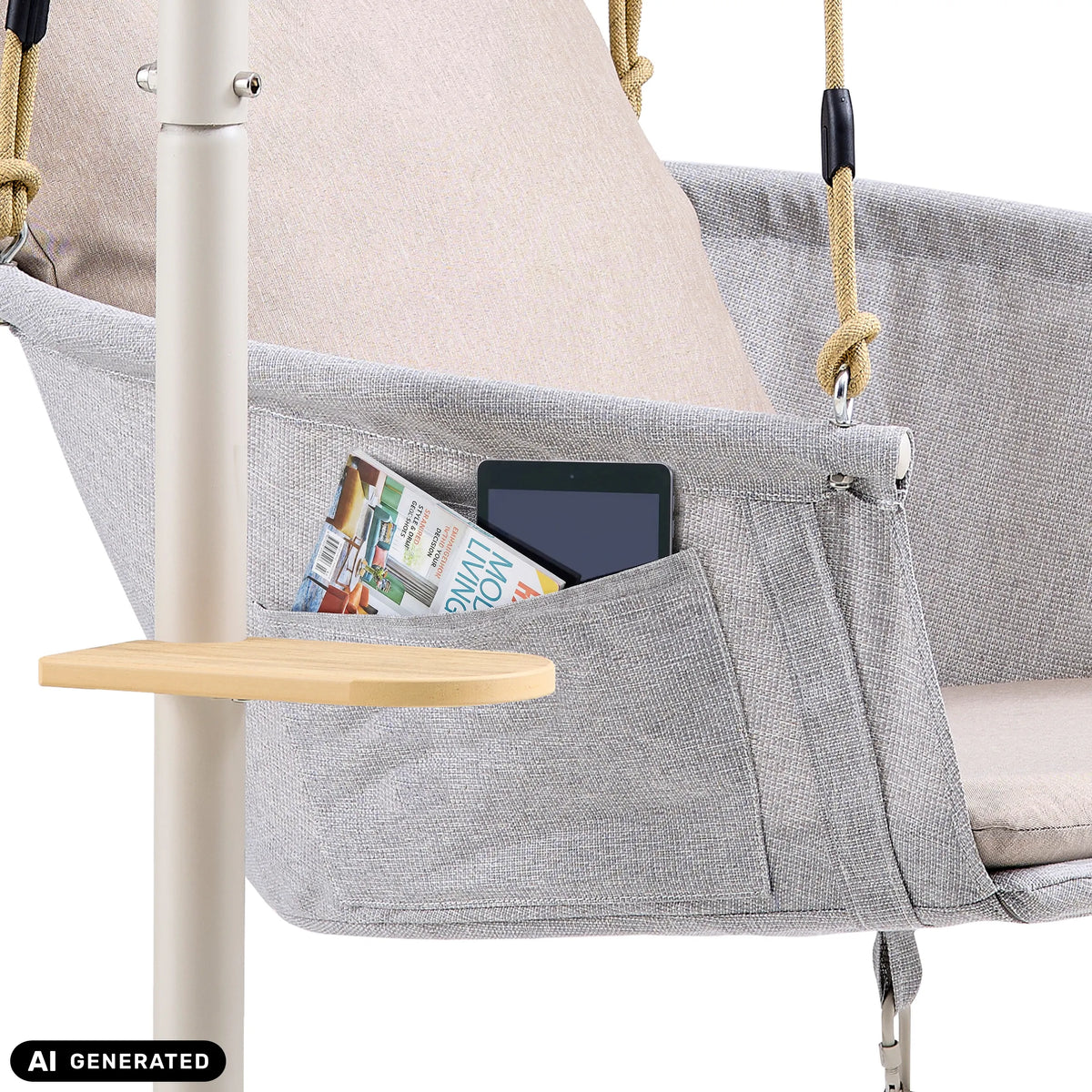 Sidelomme med tablet og magasin på Skylo hængestol inklusiv et lille sidebord fra hjh LIVING (AI-genereret billede)