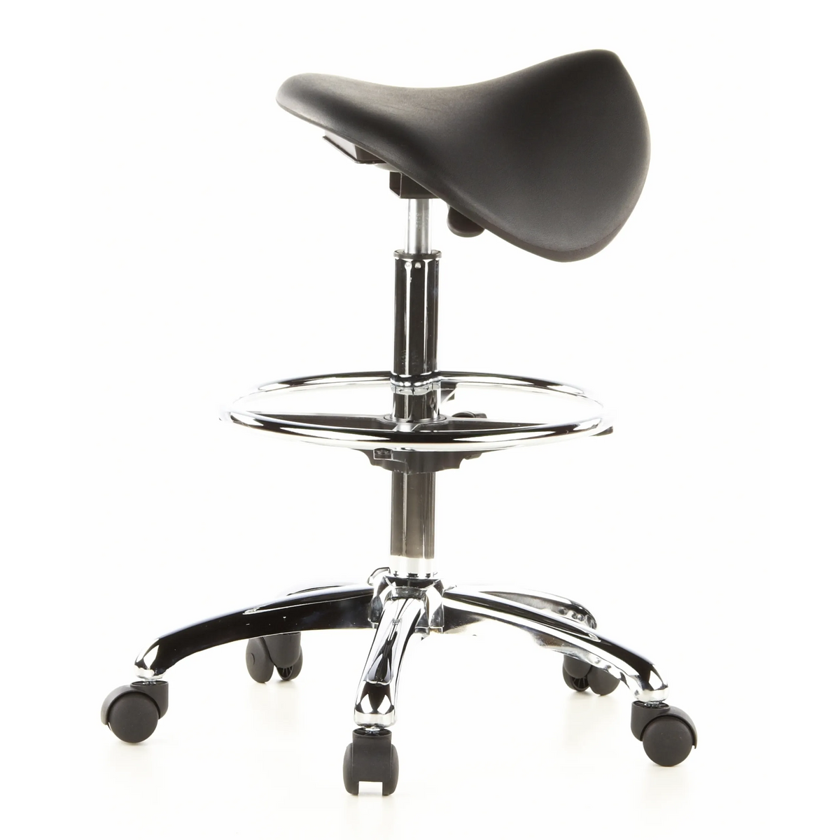 Sort sadelskammel TOP WORK 13 med fodring og femstjernet fodkryds med hjul fra hjh OFFICE – 360-graders visning (sideprofil 100°)