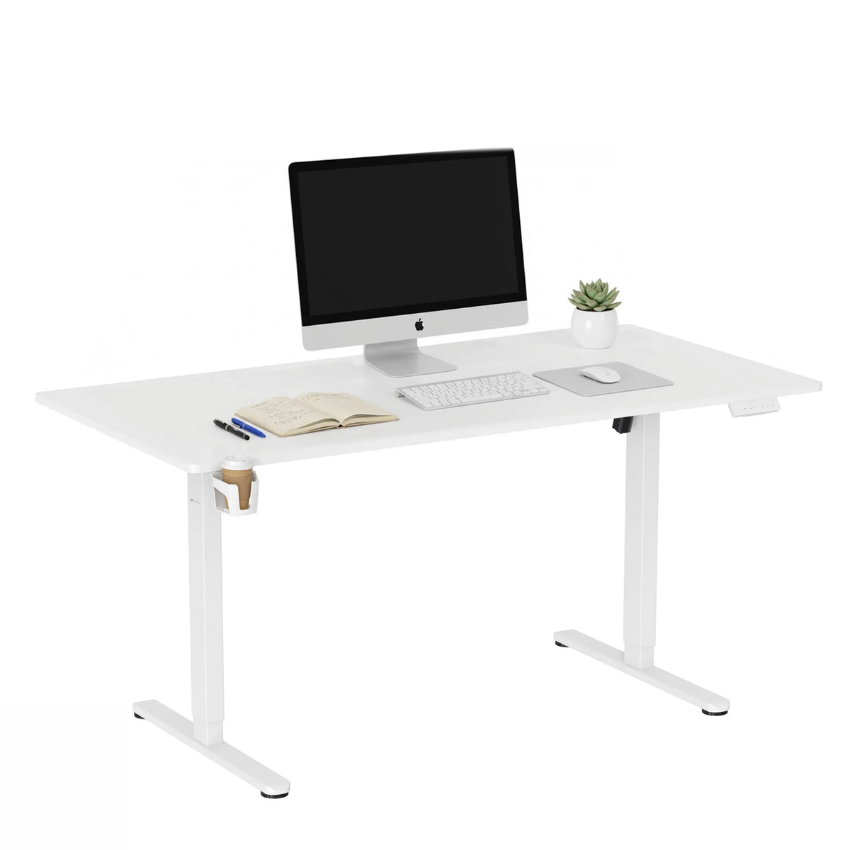 Elektrisk højdejusterbart skrivebord Worktime i hvid med skærm, tastatur og kopholder fra hjh OFFICE