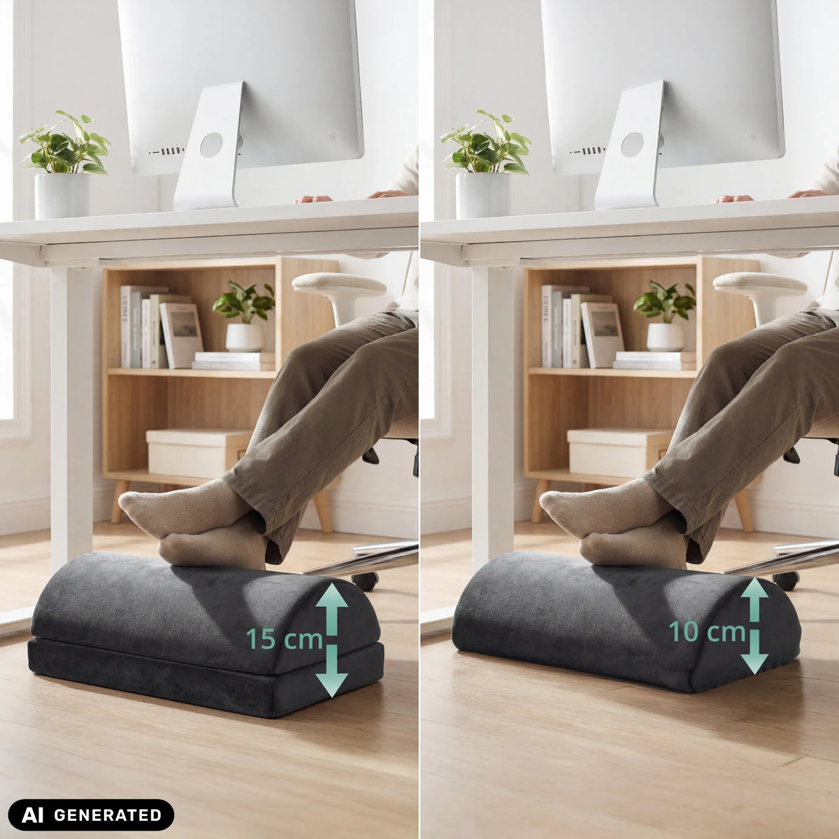 Højdesammenligning af Podi Velvet 1 fodstøtte med 10 cm og 15 cm fra hjh OFFICE (AI-genereret billede)