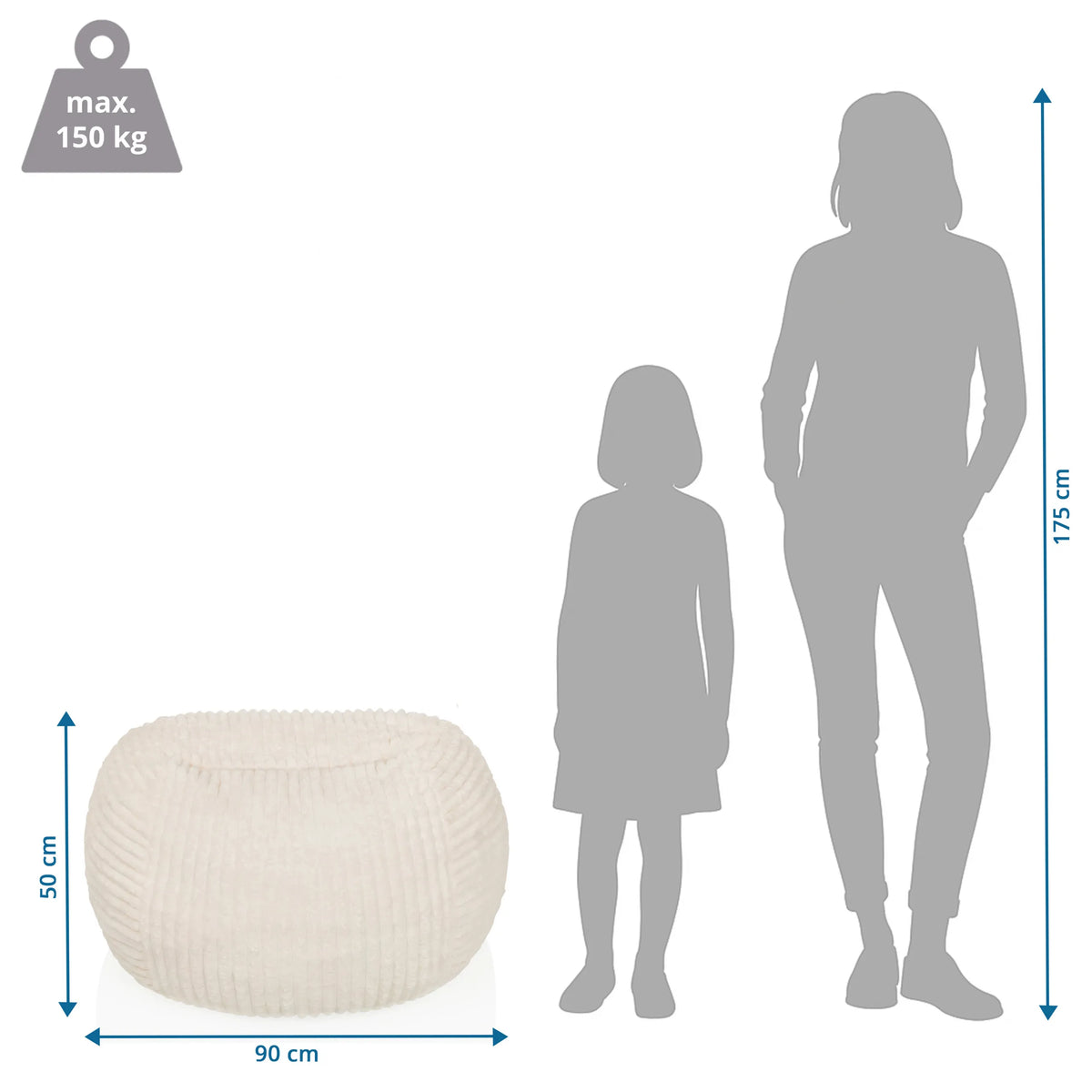 Måltegning af Sitzolo R Sækkestole med 90 × 50 cm og maksimal belastning på 150 kg fra hjh LIVING