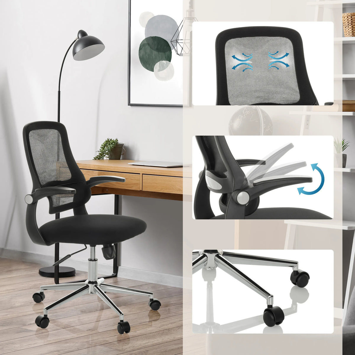 Sort Home Office kontorstol MIKO B ECO med mesh-ryglæn, justerbare armlæn og hjul fra hjh OFFICE