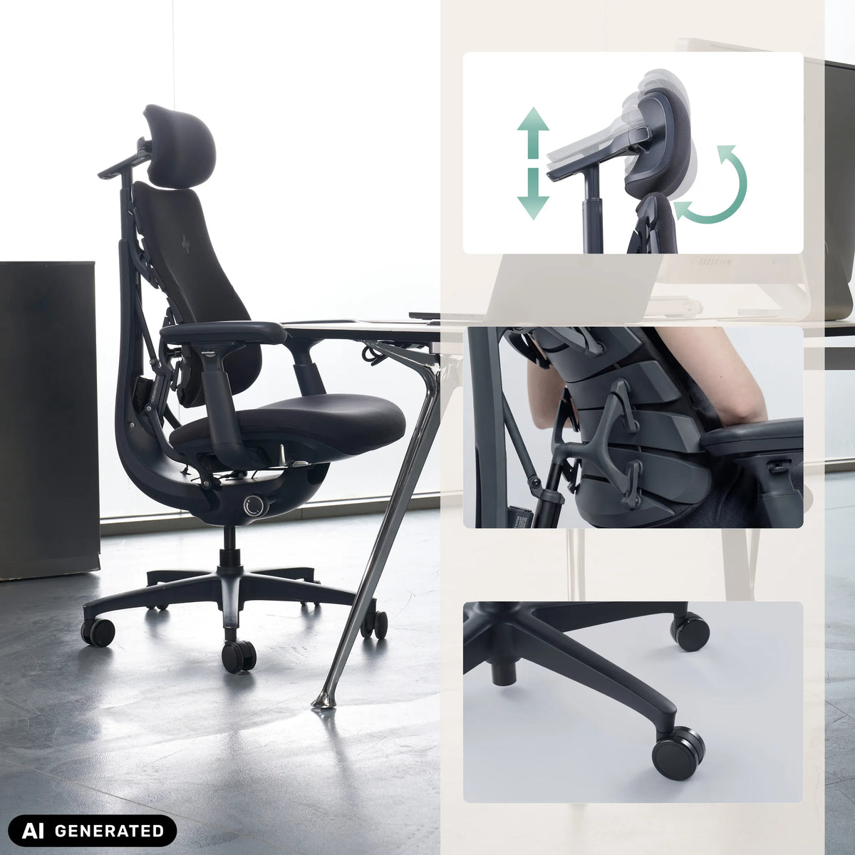 High End kontorstol LiberNovo Omni med justerbar nakkestøtte og stjernefod med hjul fra Libernovo (AI-genereret billede)