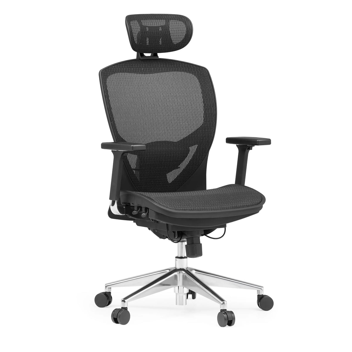 Sort High End kontorstol VENUS ONE med netryg og femstjernet fodkryds med hjul fra hjh OFFICE – 360-graders visning (skråt forfra 30°)