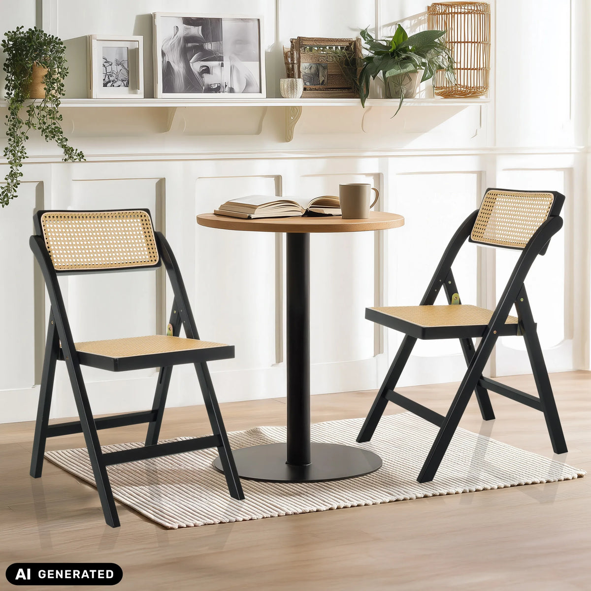 To TUDELA BAMBOO klapstole i sort og brun med wienerflet fra hjh LIVING (AI-genereret billede)