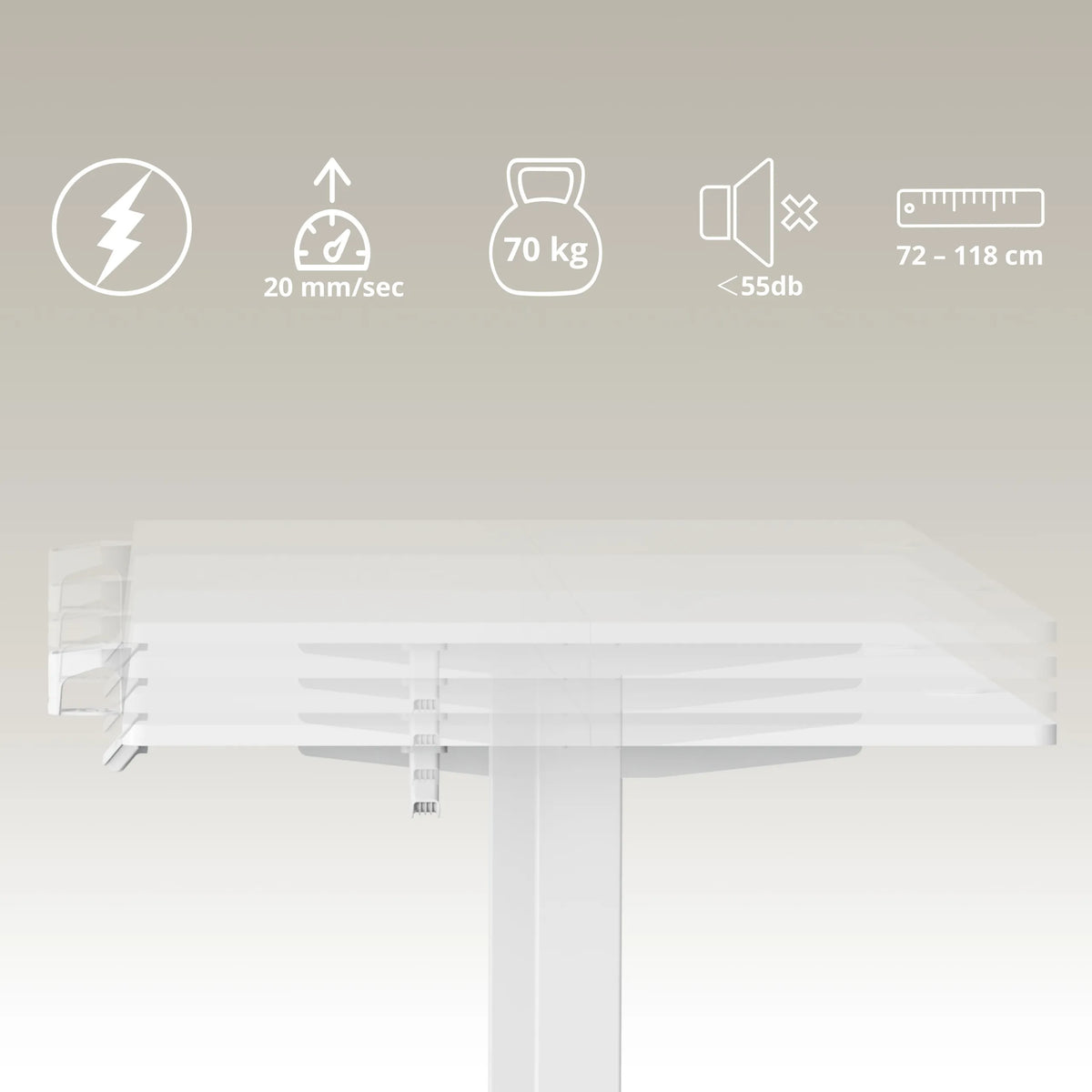 Tekniske specifikationer for det elektrisk højdejusterbare skrivebord Worktime med oplysninger om hastighed, belastning og mål fra hjh OFFICE