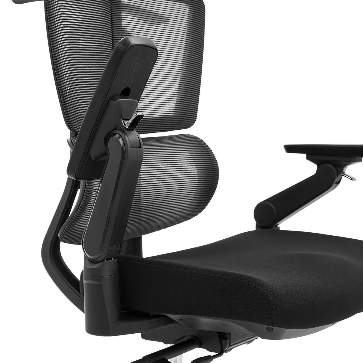 Justerbar armlæn på Ergo U2 Flex3 professionel kontorstol med netryglæn og sort stofbetræk fra hjh OFFICE