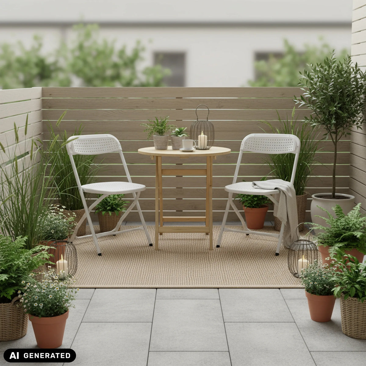To hvide TUDELA XXL PRO W udendørs stole ved et rundt træbord på en terrasse fra hjh OFFICE (AI-genereret billede)