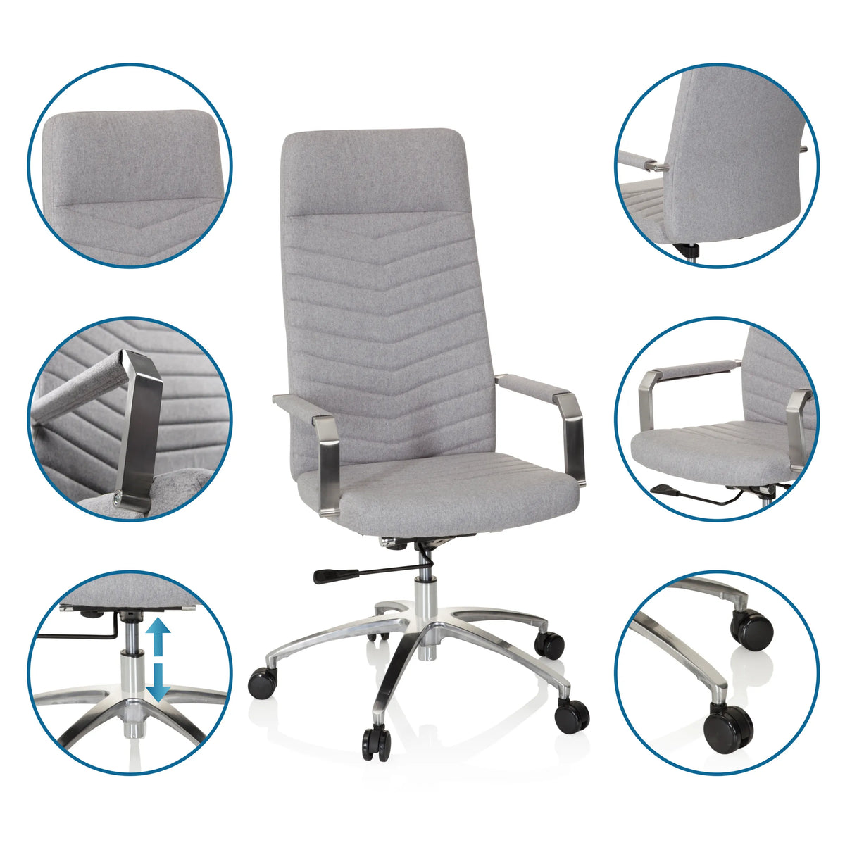 Lysegrå Home Office kontorstol SARANTO PLUS med detaljevisninger af stof, armlæn, gasfjeder og hjul fra hjh OFFICE