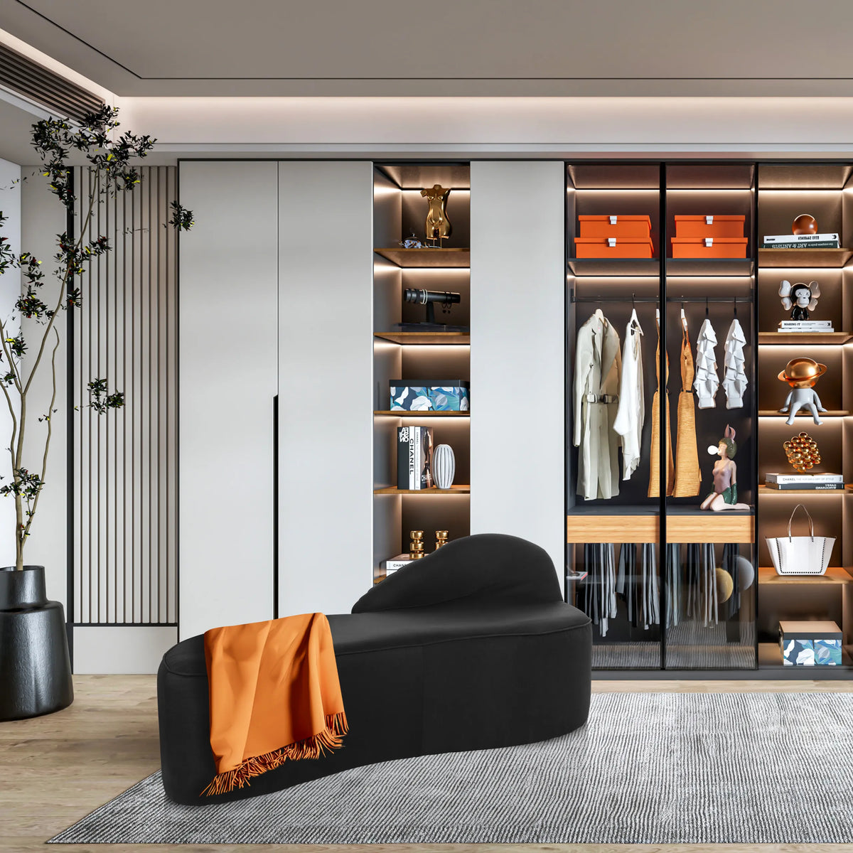 Sort Loungesofa BARACOA med et orange tæppe foran et indbygget skab fra hjh OFFICE