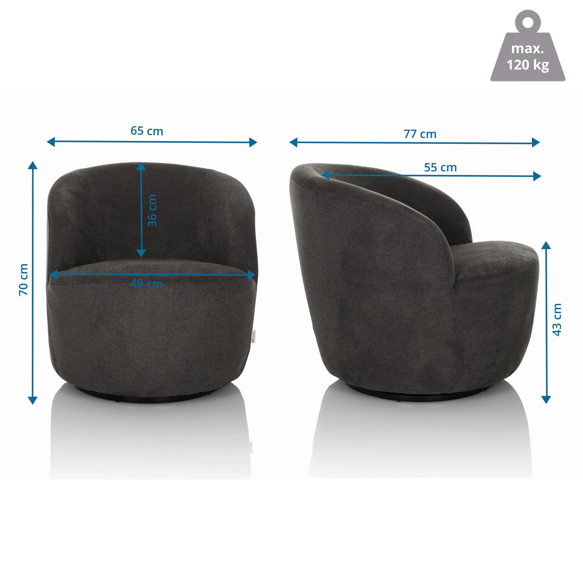 Maßansicht des Loungesessels BRAMWICH mit einer Breite von 65 cm und einer Höhe von 70 cm von hjh LIVING
