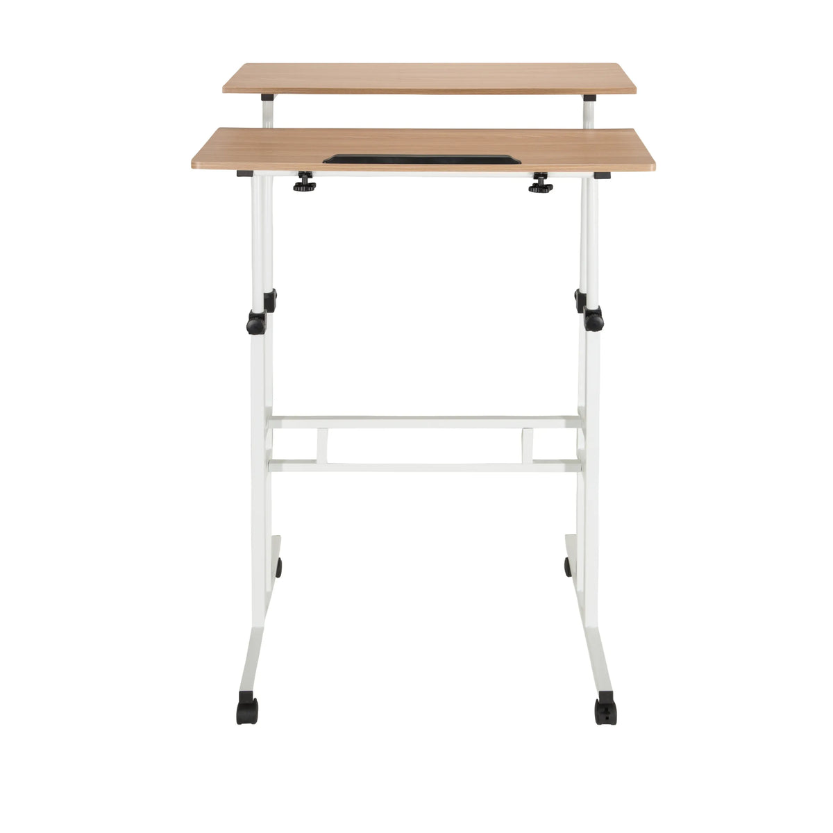 Hvidt Ståskrivebord WORKSTATION I med bordplade i eg og hjul fra hjh OFFICE – 360-graders visning (forfra 0°)