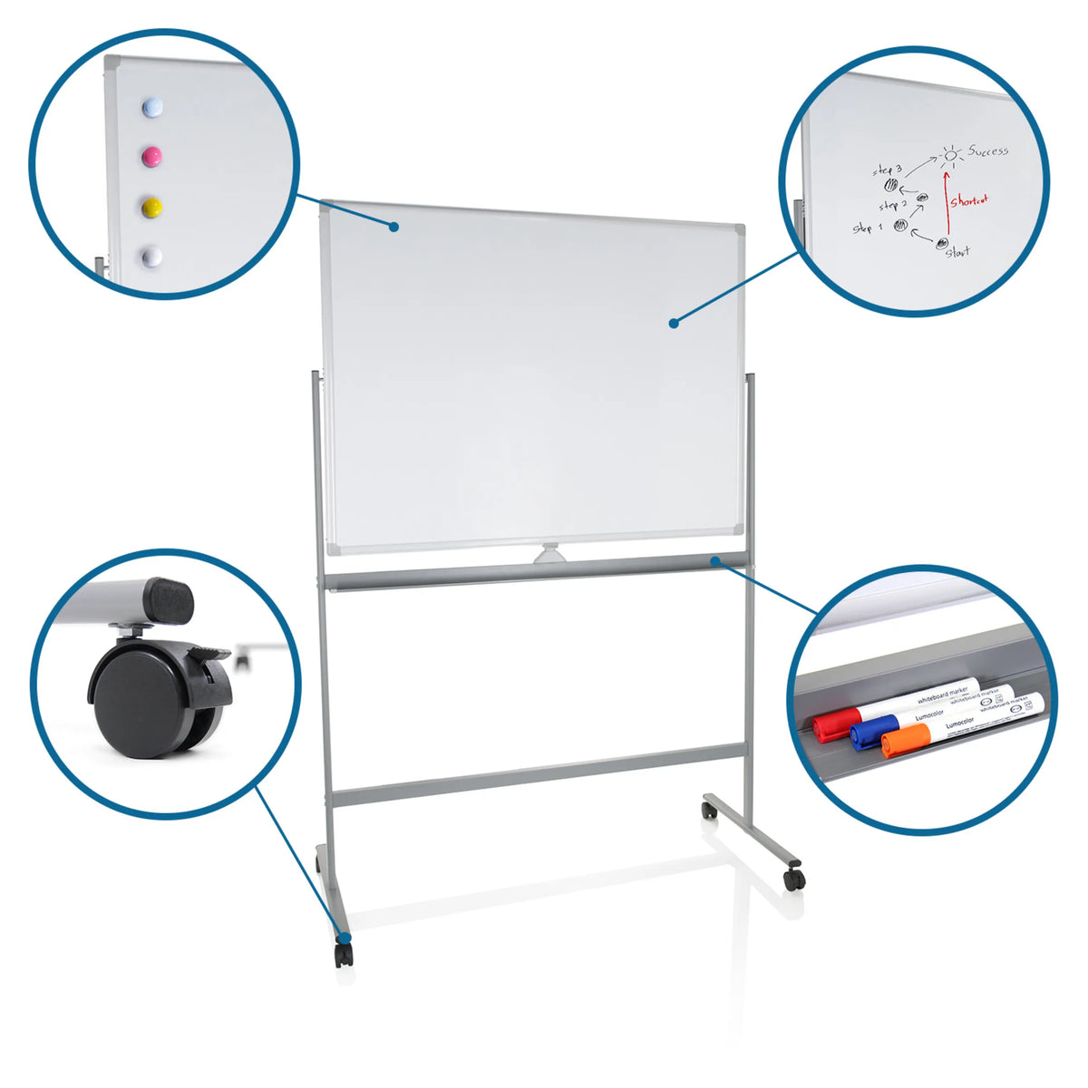 Tavle MULTIBOARD I i hvid-sølv med hjul, magnetiske markers og bakke fra hjh OFFICE