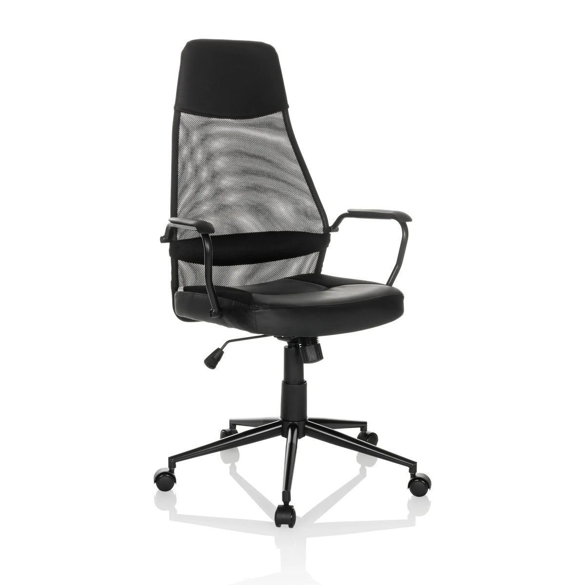 Sort Home Office chefstol MARCOZ med netryg og femhjulet fodkryds fra MyBuero – 360-graders visning (skråt forfra 30°)