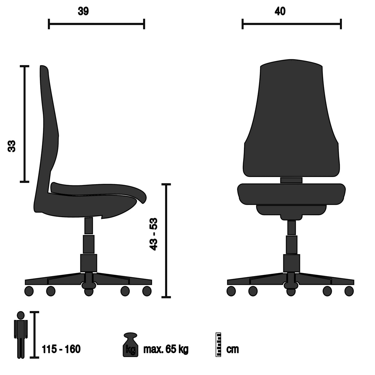 Teknisk tegning af Snurrestol for børn KID QB med en bredde på 40 cm fra hjh OFFICE