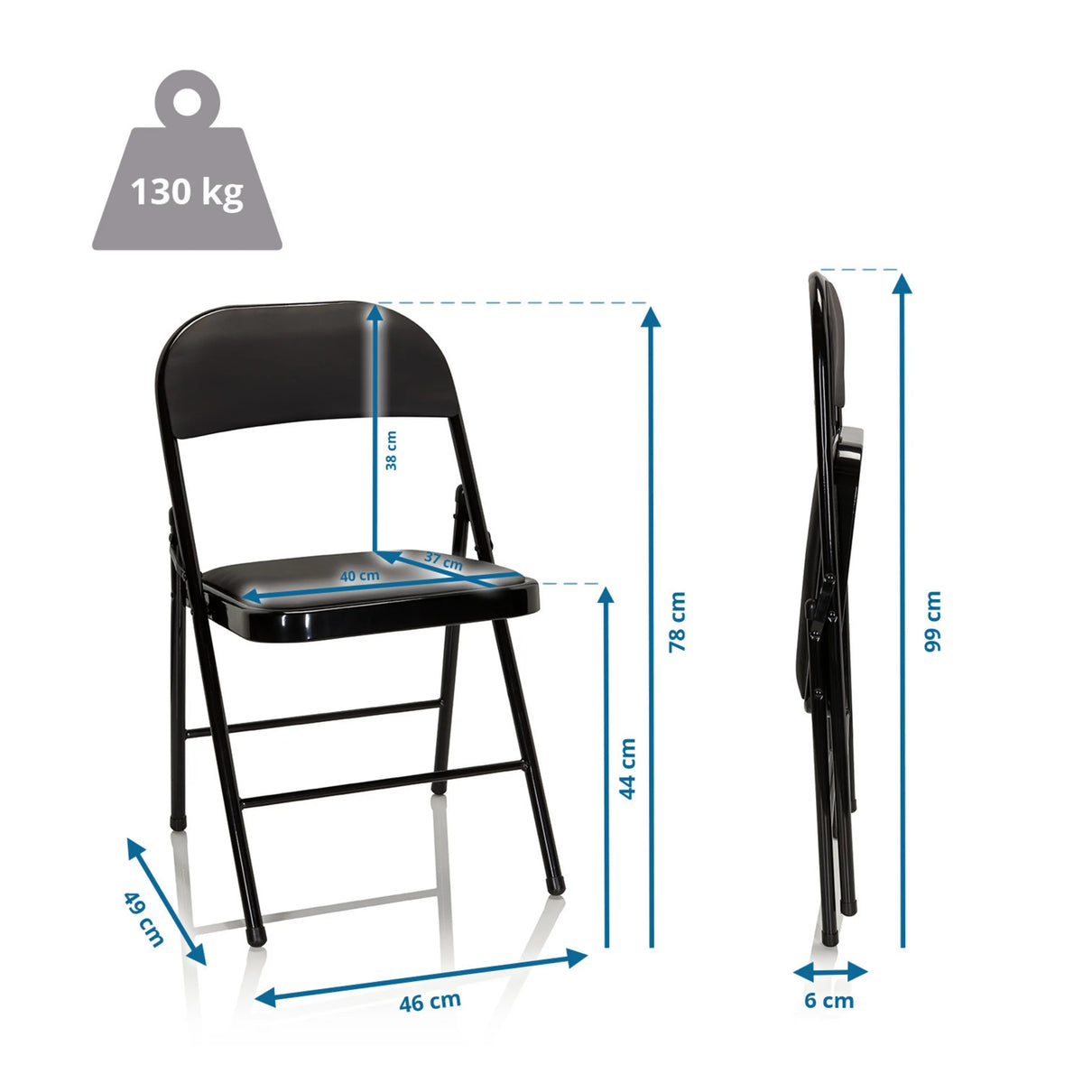 Måltegning af Klapstol TUDELA med en samlet højde på 78 cm og en belastningskapacitet på 130 kg fra hjh OFFICE