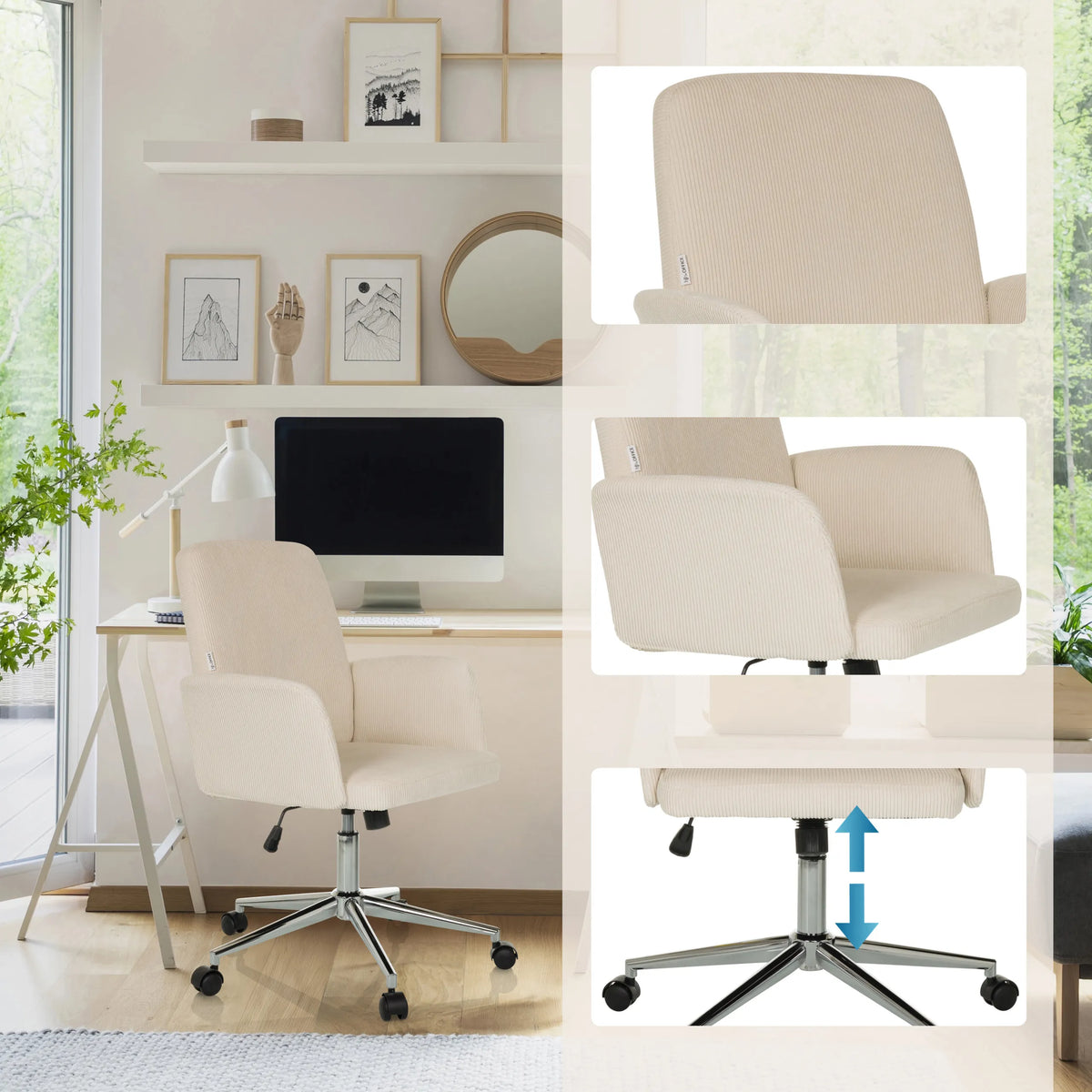 Beige SOLAO CORD Home Office kontorstol med højdejusterbart fodkryds og armlæn fra hjh OFFICE