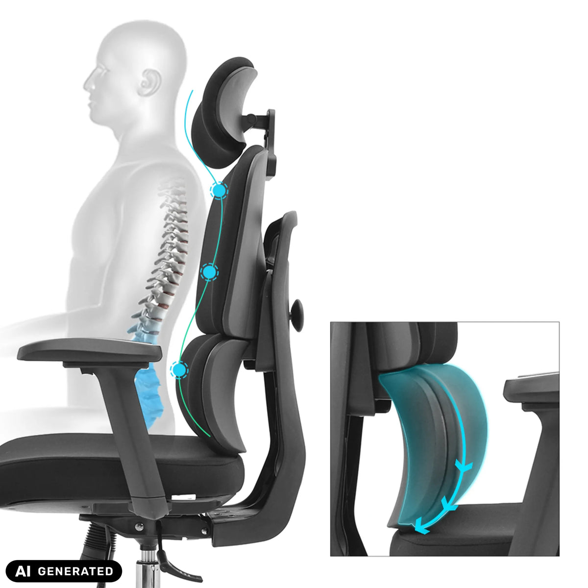 Lændestøtte og nakkestøtte på den professionelle kontorstol Ergomy F 2 fra hjh OFFICE (AI-genereret billede)