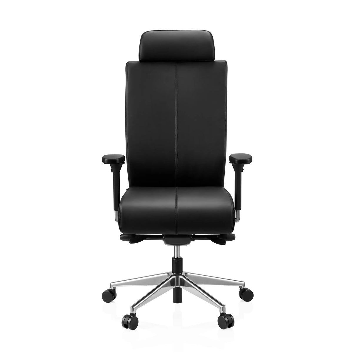 Sort Professionel kontorstol PRO-TEC XXL i læder med nakkestøtte og femstjernet fodkryds med hjul fra hjh OFFICE – 360-graders visning (forfra 0°)