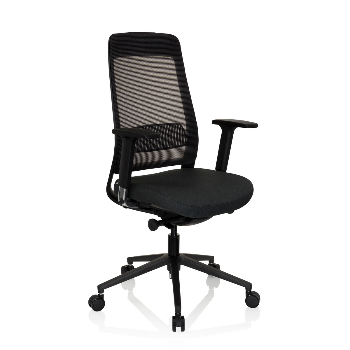 Sort Professionel kontorstol CHIARO T1 BLACK med netryg og femstjernet fodkryds med hjul fra hjh OFFICE – 360-graders visning (skråt forfra 40°)