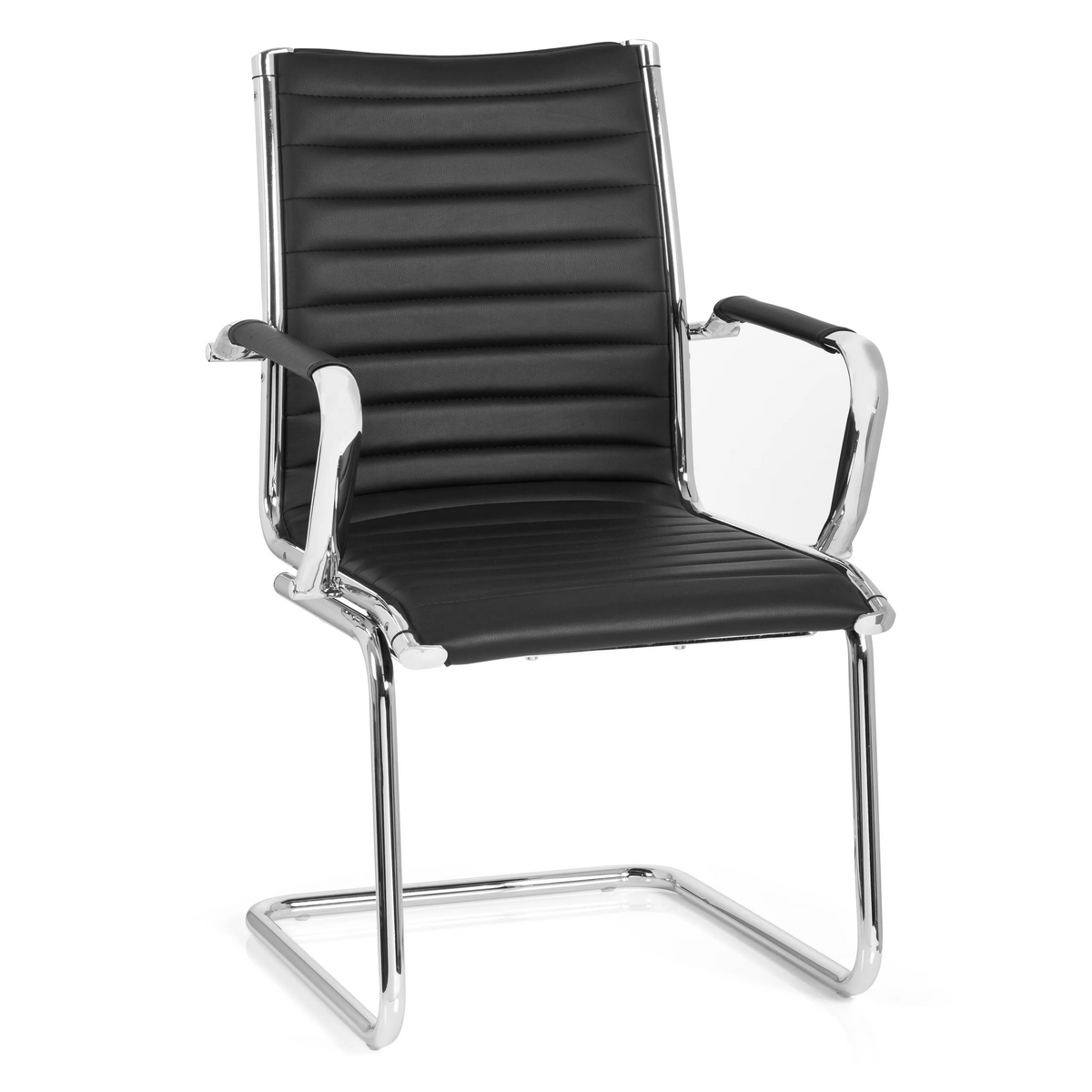 Schwarzer Freischwinger VEMONA V mit Quersteppung und Armlehnen aus Chrom von hjh OFFICE – 360-Grad-Ansicht (Frontansicht 20°)