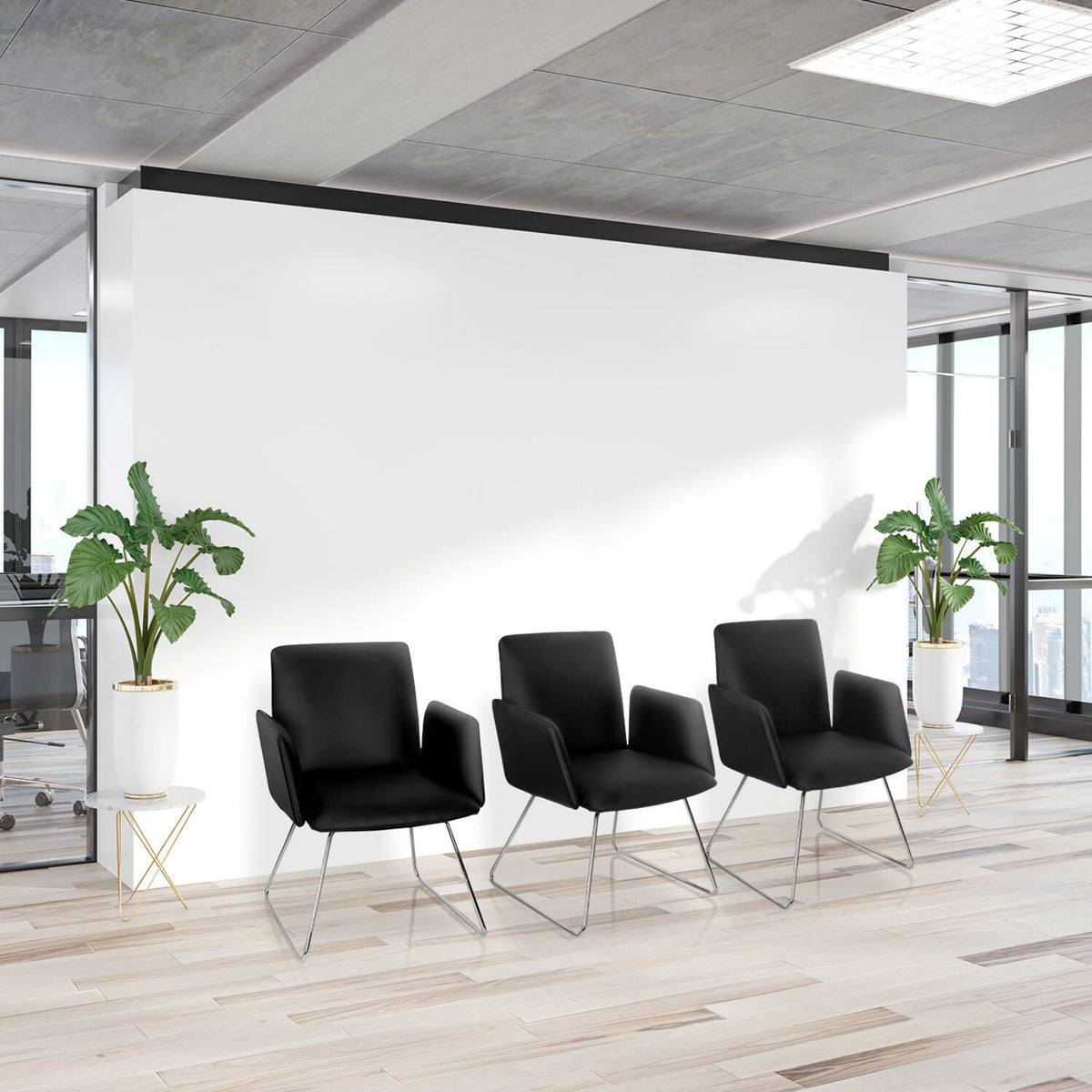 Tre sorte polstrede stole DESIGNIA V med slanke metalben i et lyst kontormiljø fra hjh OFFICE