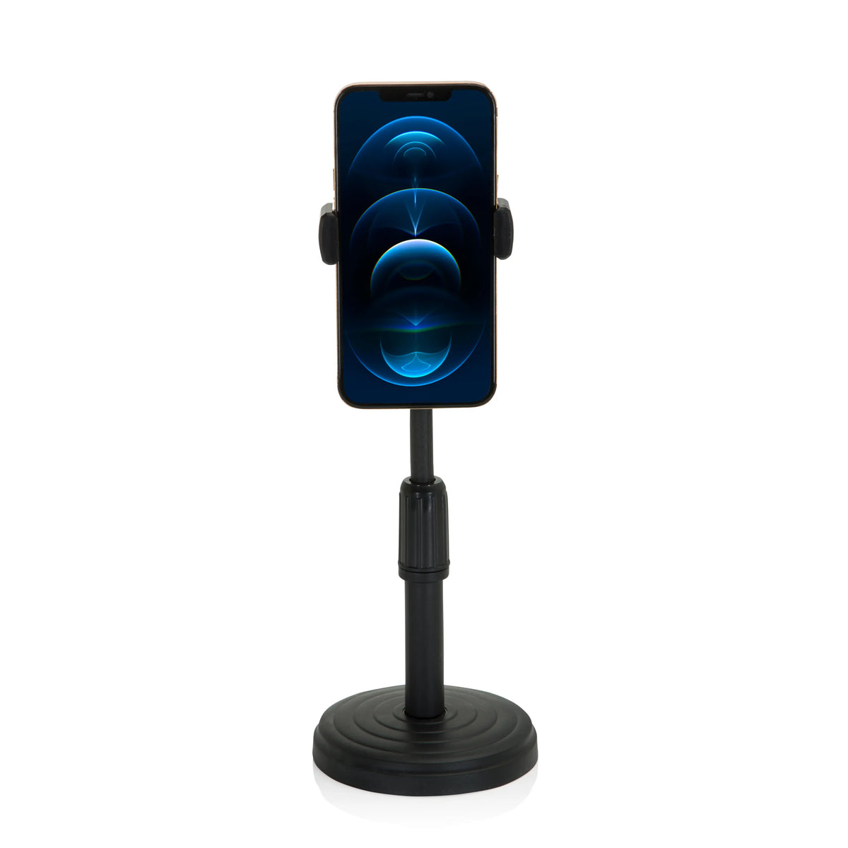 Sort Holder til mobiltelefon & tablet FLEXMOBI II med rund fod og teleskopstang fra hjh OFFICE – 360-graders visning (forfra 0°)