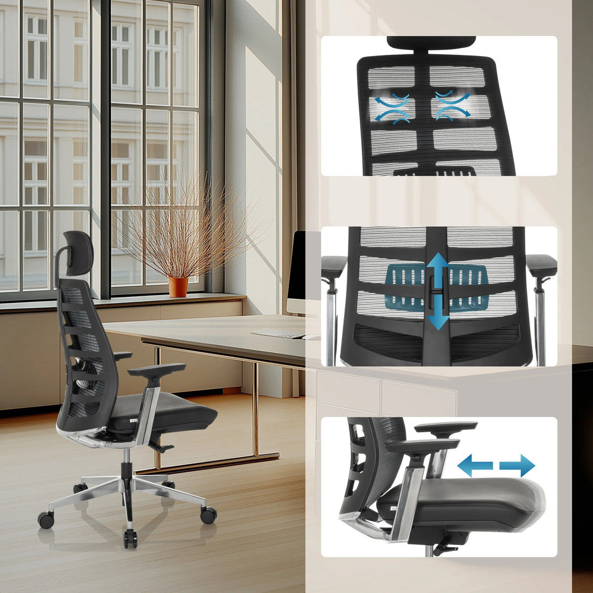Justerbar ryglæn og sæde på High End kontorstol SPINIO ELITE L fra hjh OFFICE