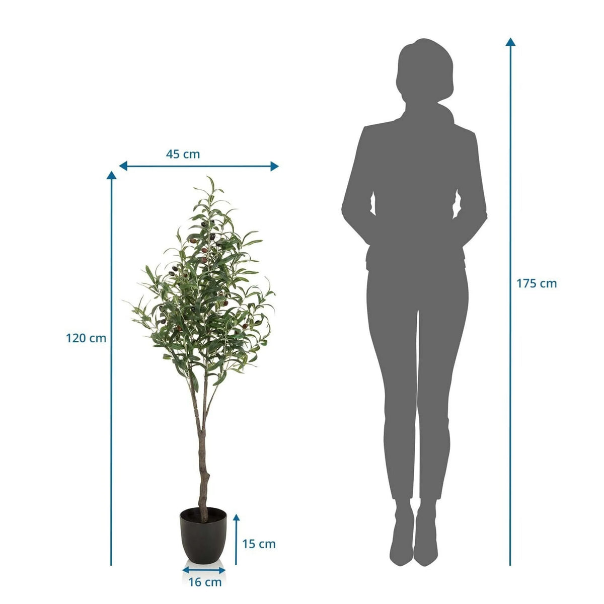 Måltegning af den Kunstige plante OLIVE med en højde på 120 cm fra hjh OFFICE