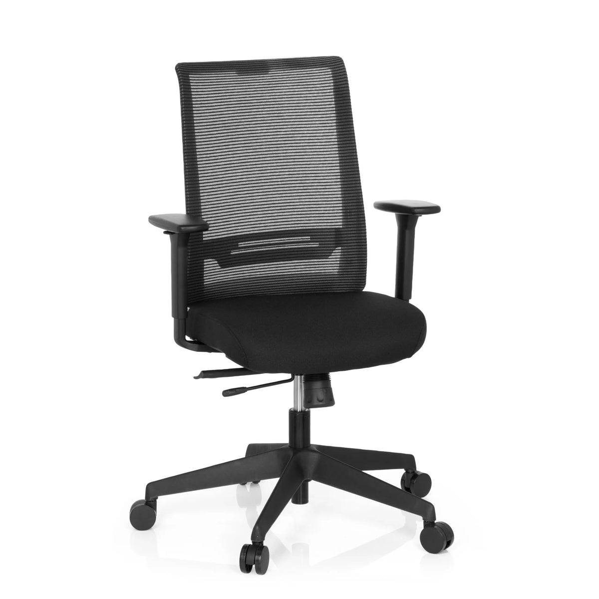 Sort Professionel kontorstol CONISTON med netryg og femhjulet fodkryds fra hjh OFFICE – 360-graders visning (forfra 20°)