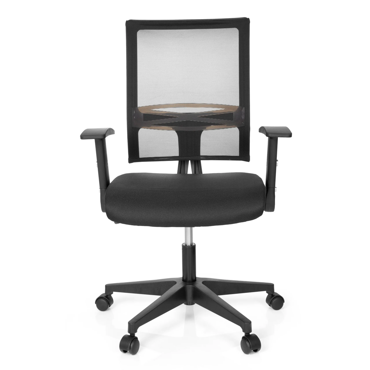Sort Home Office kontorstol OFFICE R8 med netryg og femhjulet fodkryds fra hjh OFFICE – 360-graders visning (forfra 0°)