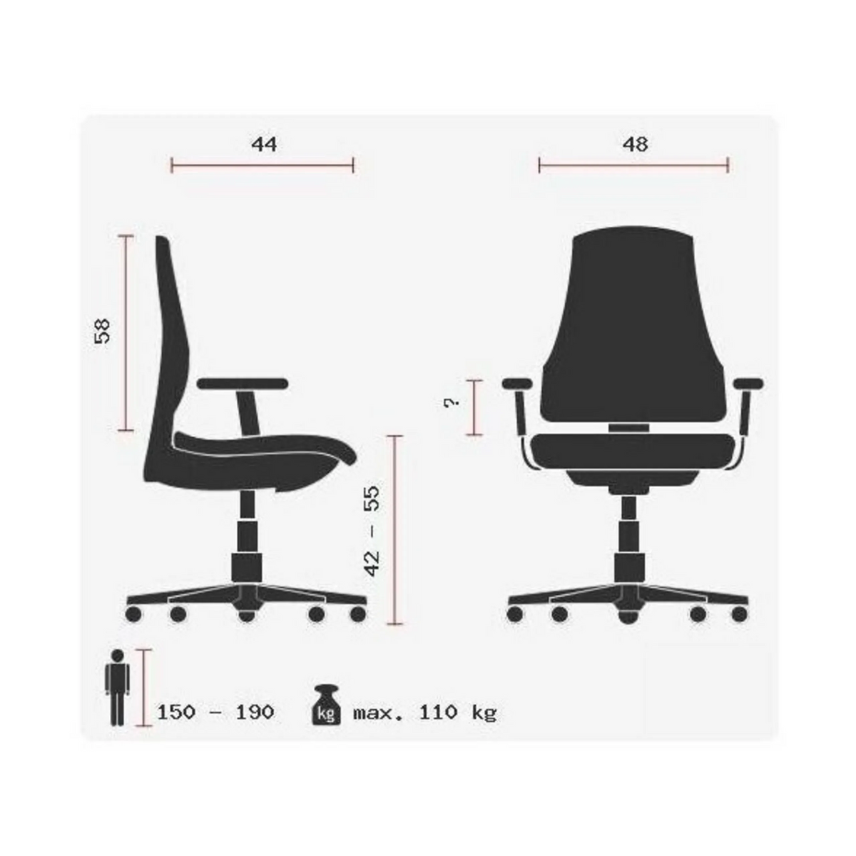 Technische Zeichnung des Profi-Bürostuhls SITNESS 10 mit einer maximalen Belastung von 110 kg von Topstar