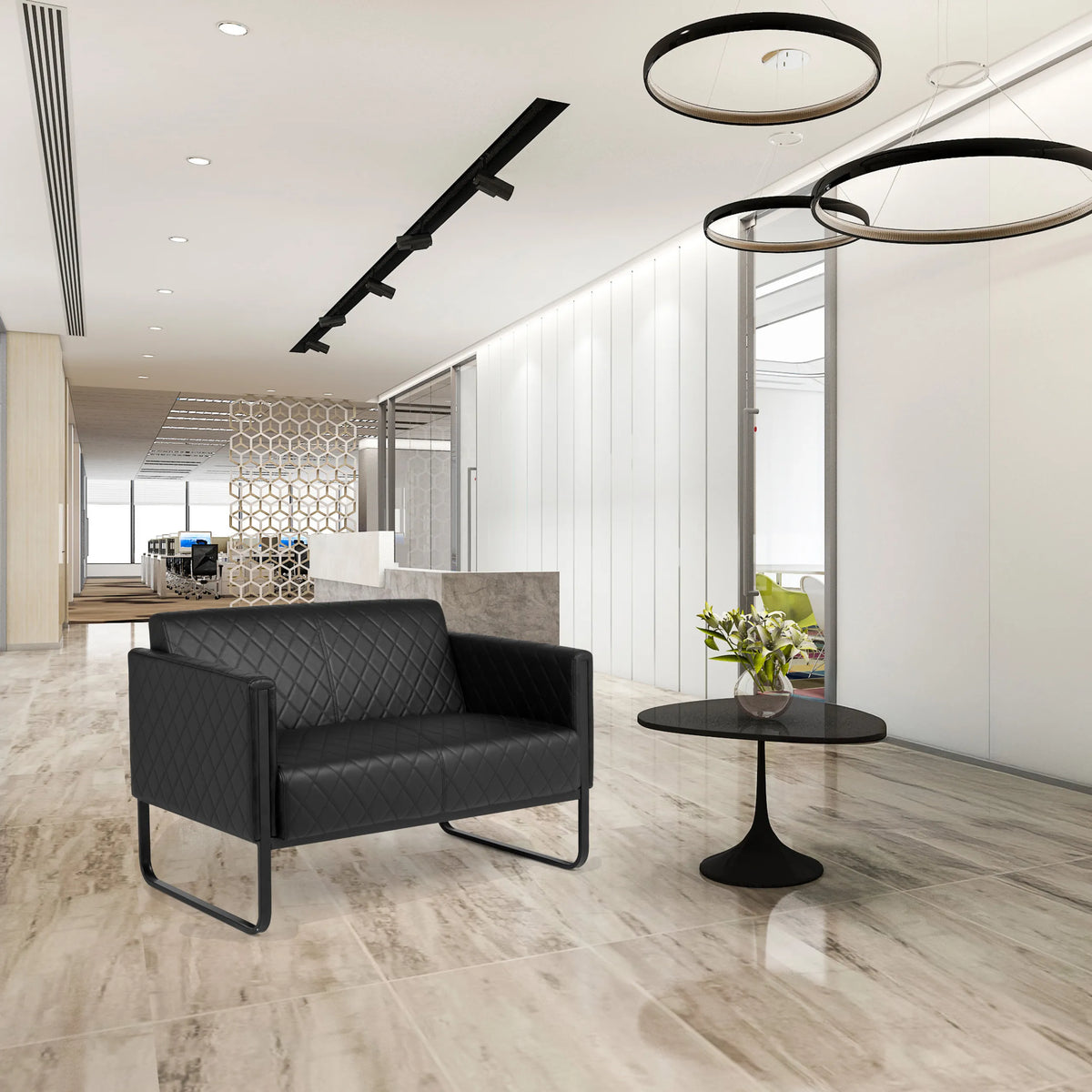Schwarzes 2-Sitzer Loungesofa ARUBA BLACK mit Rautensteppung und Metallgestell von hjh OFFICE